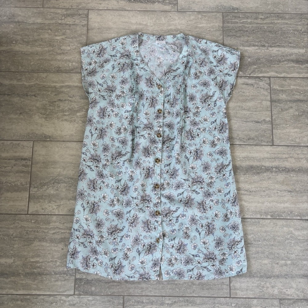 J Jill Love Linen Midi Dress XLarge Blue Floral Button Front Pleat Cottage Core